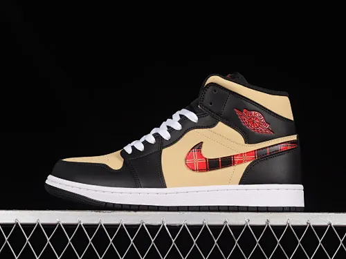 All categories Air Jordan Jordan series basketball shoes Air Jordan 1 Mid G version pure original Air Jordan 1 Mid "Tartan Swoosh" AJ1 Joe 1 plaid skirt black brown red Zhongbang basketball shoes DZ5329-001